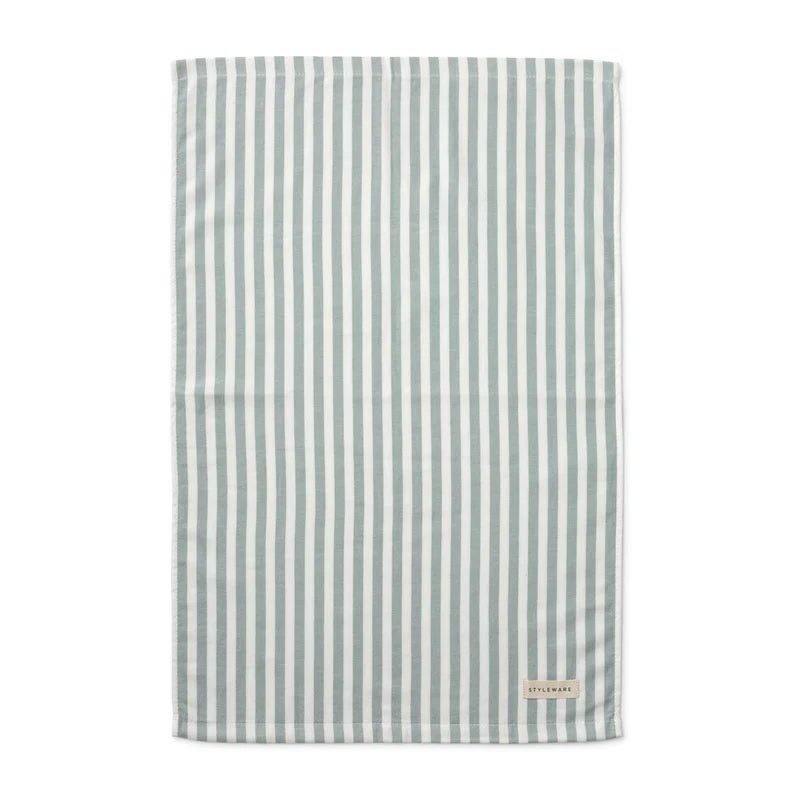 Striped fabric with a brand label on a white background