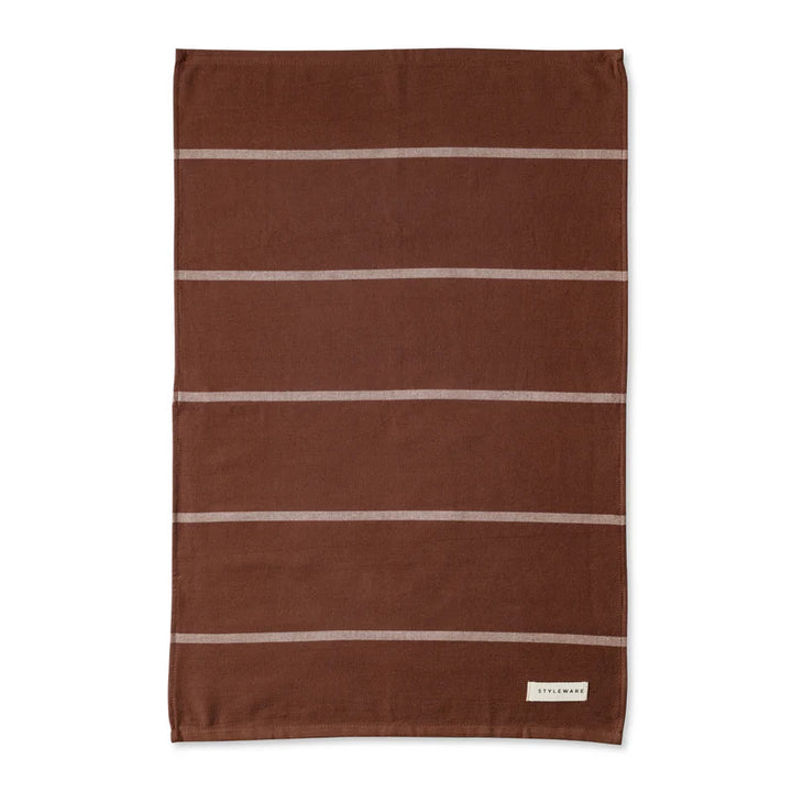 Brown tea towel with beige stripes on a white background