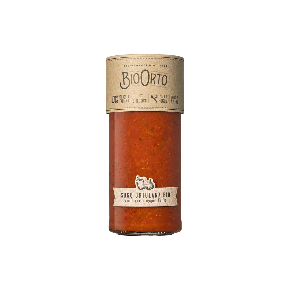 Jar of BioOrto organic tomato sauce on a white background