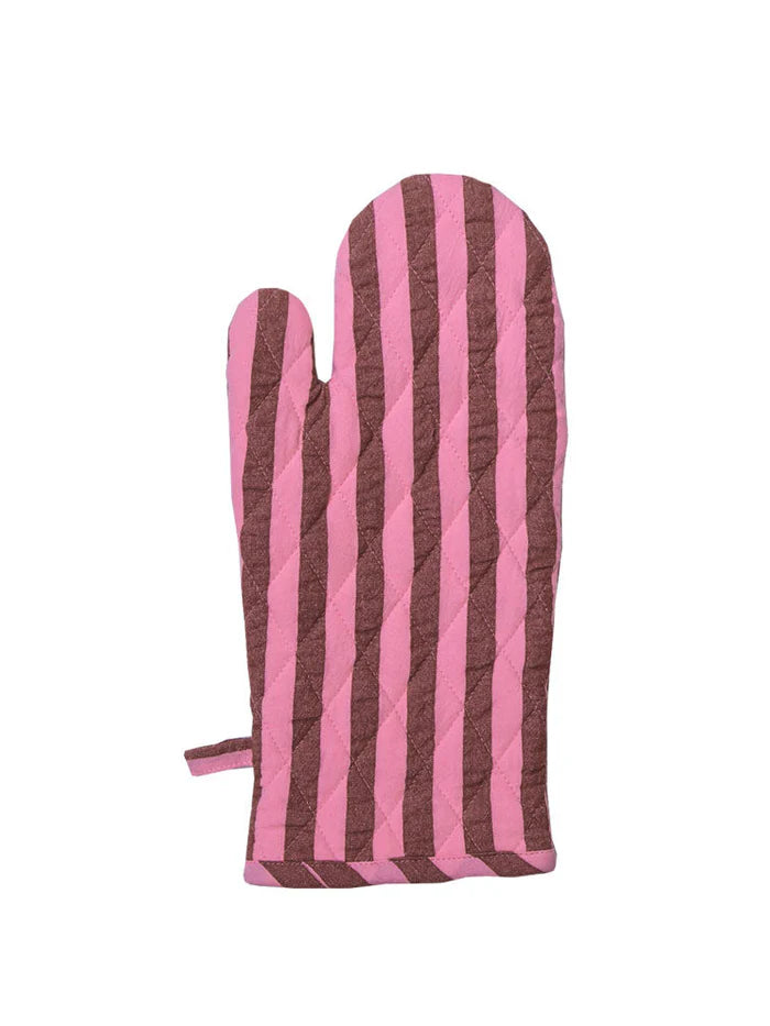 Pink and maroon stripe oven glove on white background