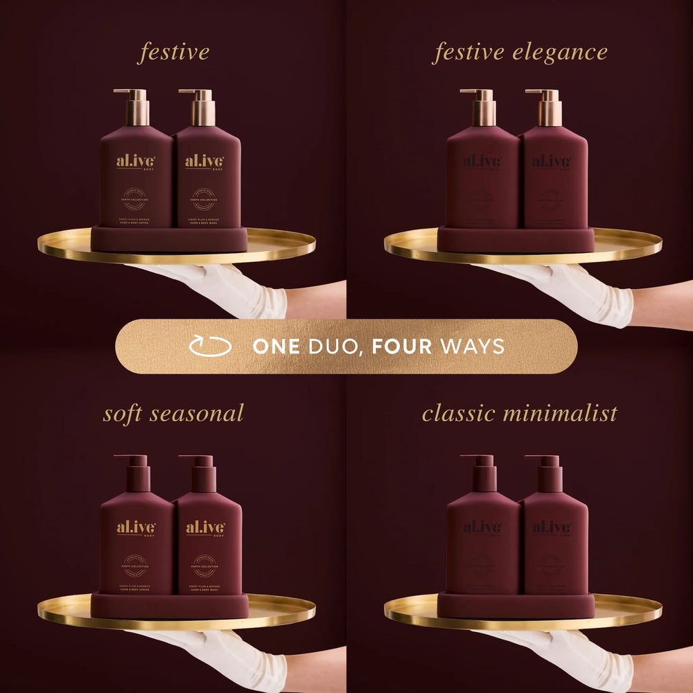 Four different styling options of two maroon bottles on a gold tray with 'alive' branding against a dark background.