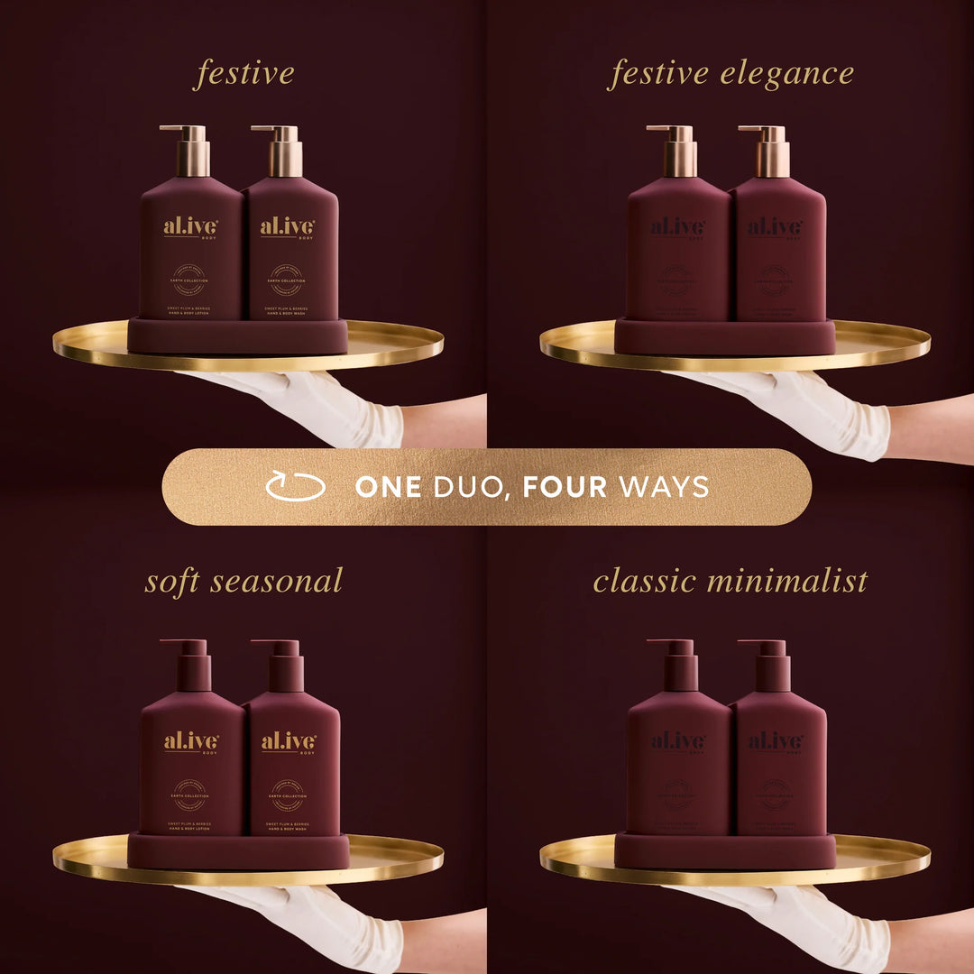 Four different styling options of two maroon bottles on a gold tray with 'alive' branding against a dark background.