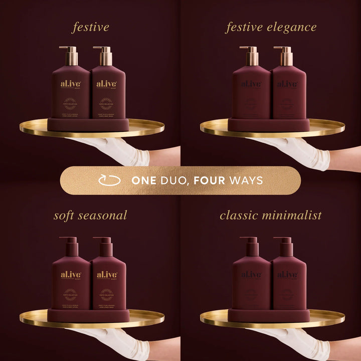 Four different styling options of two maroon bottles on a gold tray with 'alive' branding against a dark background.