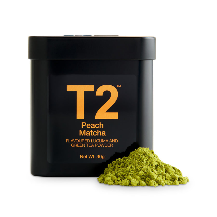T2 Peach Matcha container with green powder on a white background