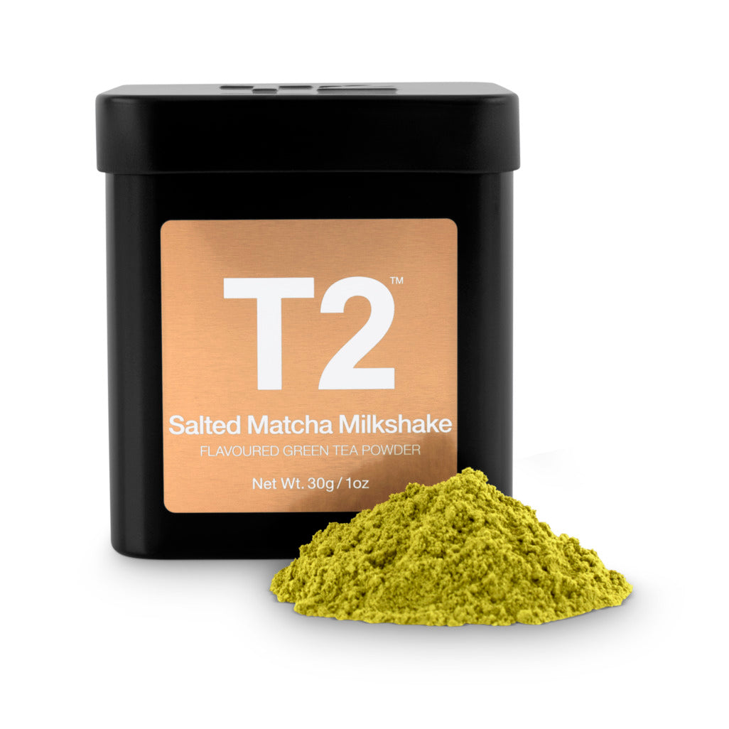 T2 Salted Matcha Milkshake green tea powder with packaging on a white background