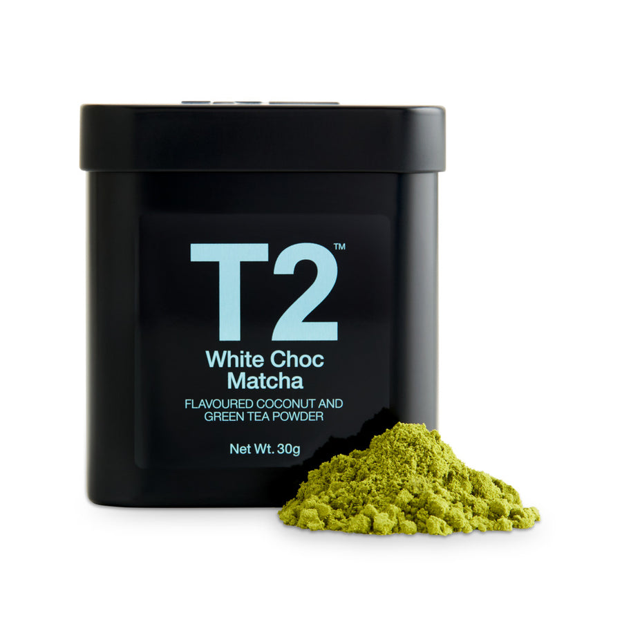 T2 White Choc Matcha powder in a black container with green matcha powder outside.
