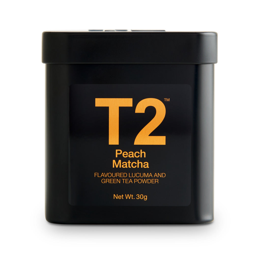 Black container of T2 Peach Matcha on a white background