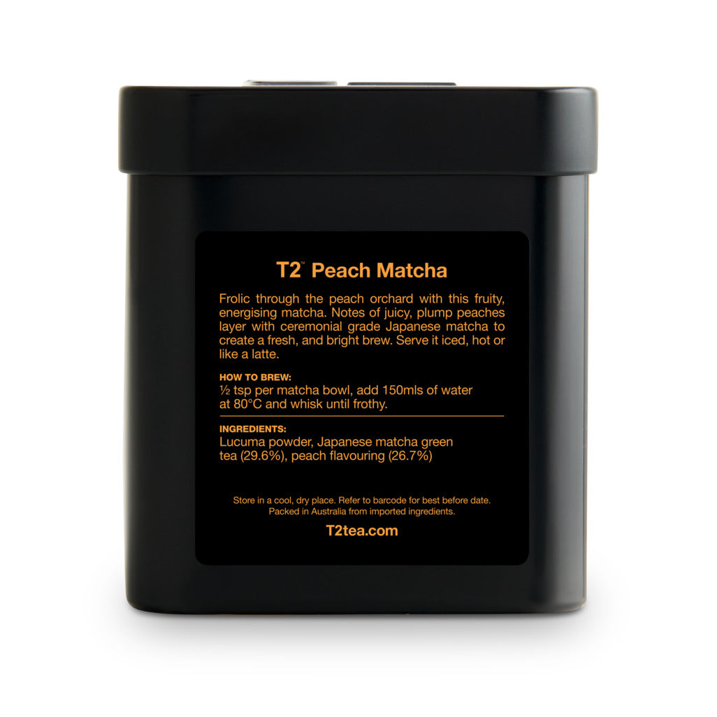 Black T2 Peach Matcha tea packaging with yellow text on a white background