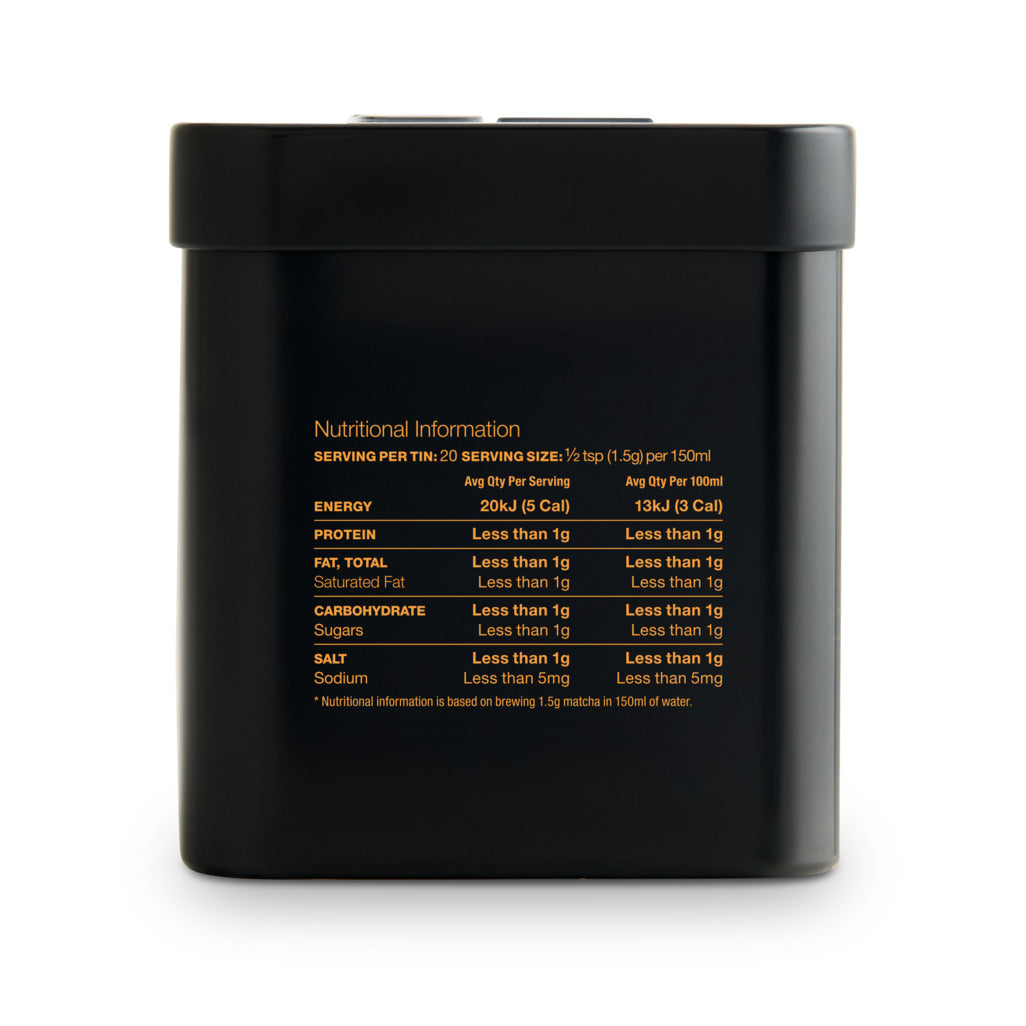 Black container with nutritional information text on a white background