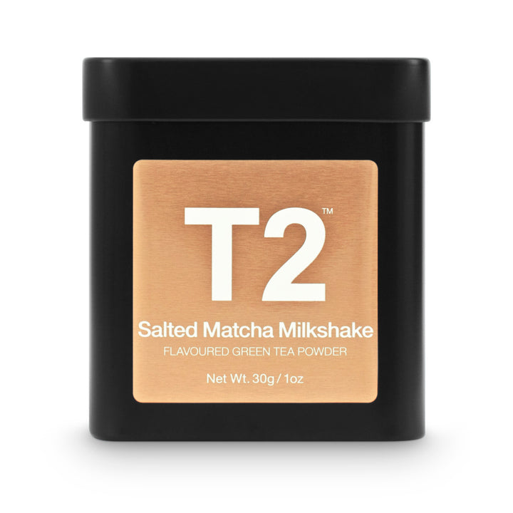 T2 Salted Matcha Milkshake tea powder container on a white background
