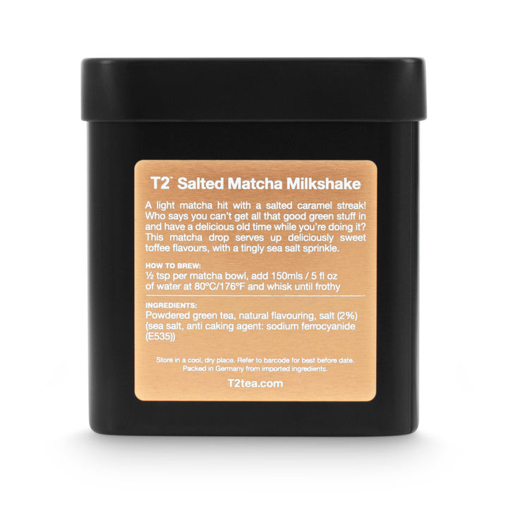 T2 Salted Matcha Milkshake tea packaging with a black lid on a white background