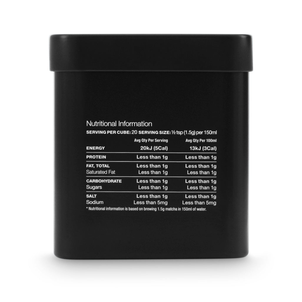 Black container with nutritional information text on a white background