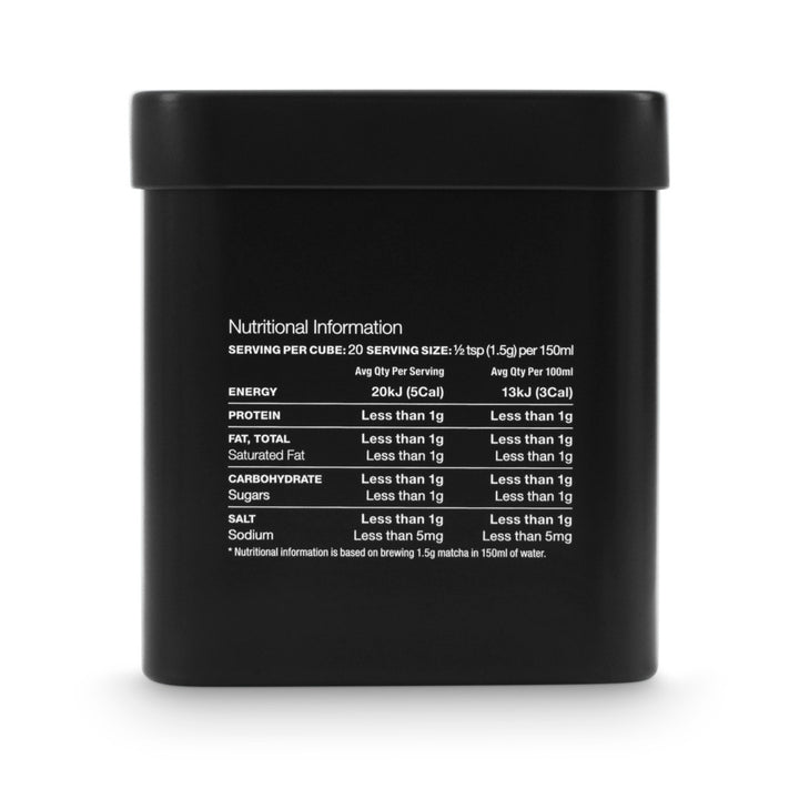 Black container with nutritional information text on a white background