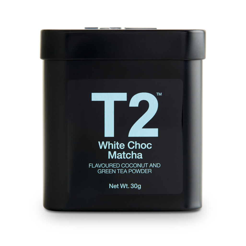 Black container of T2 White Choc Matcha on a white background