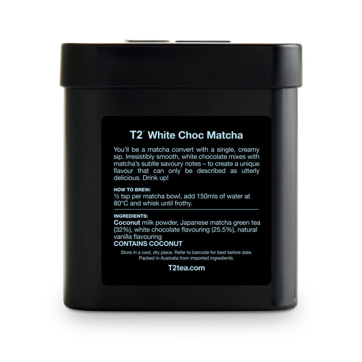 Black container of T2 White Choc Matcha with text on a white background