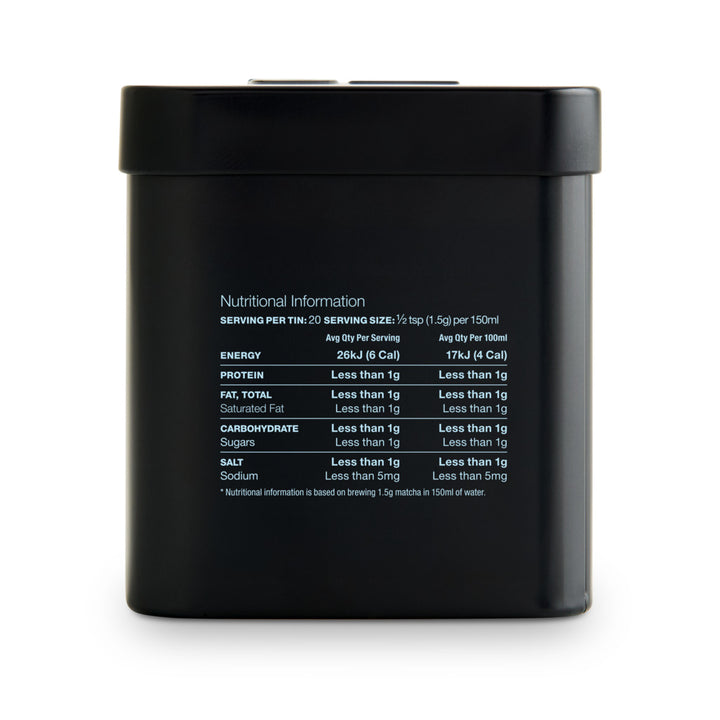 Black container with nutritional information text on a white background