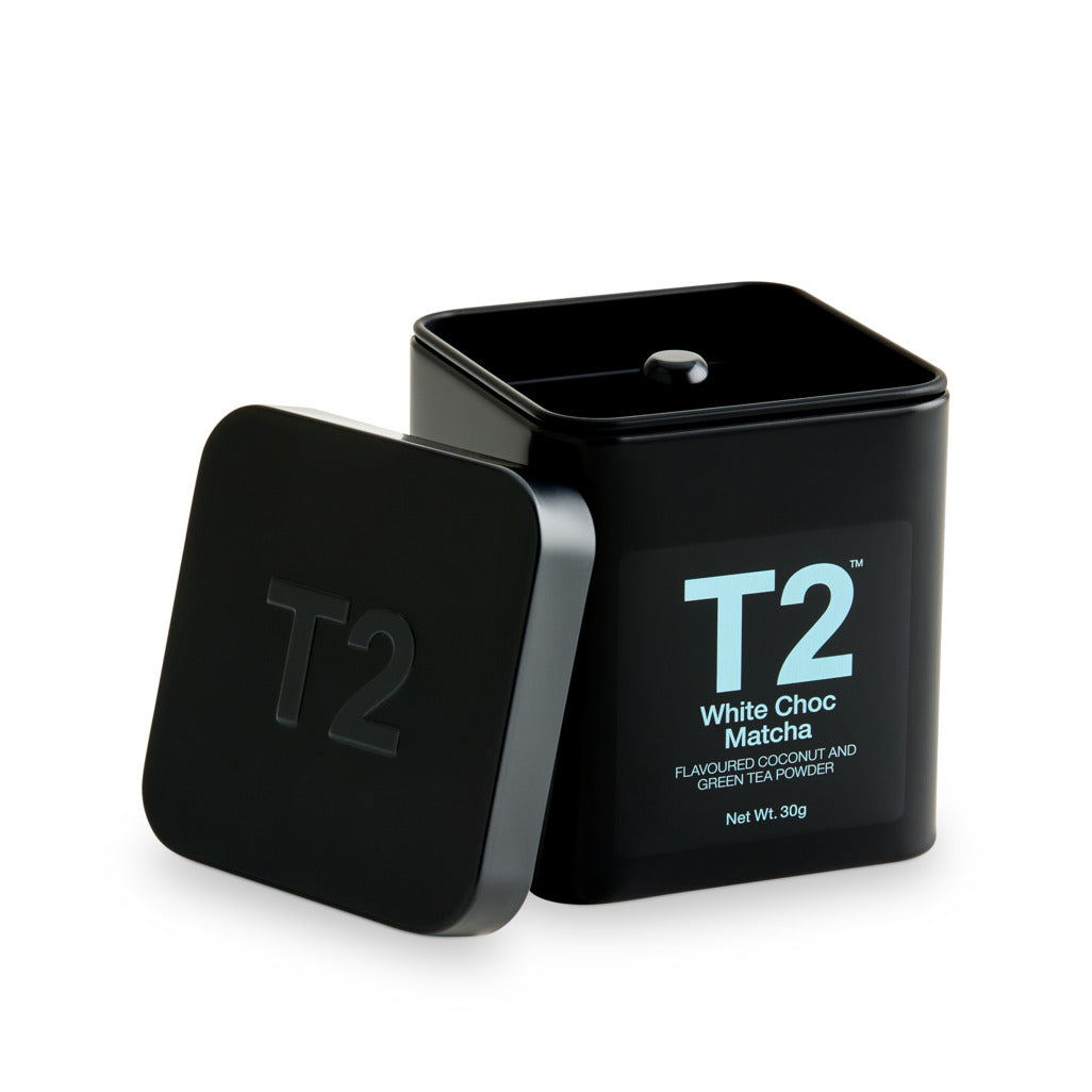Black T2 tea canister on a white background