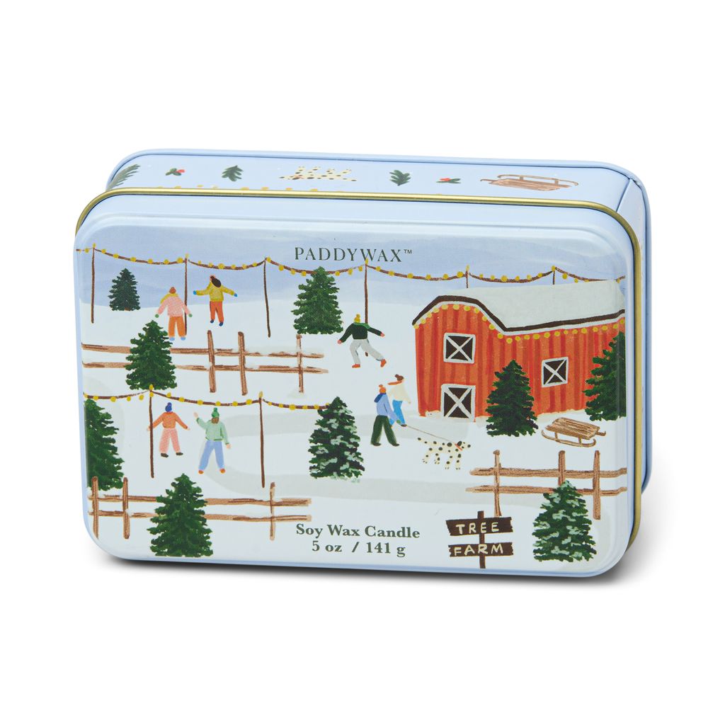 Paddywax candle tin with a winter scene design on a white background