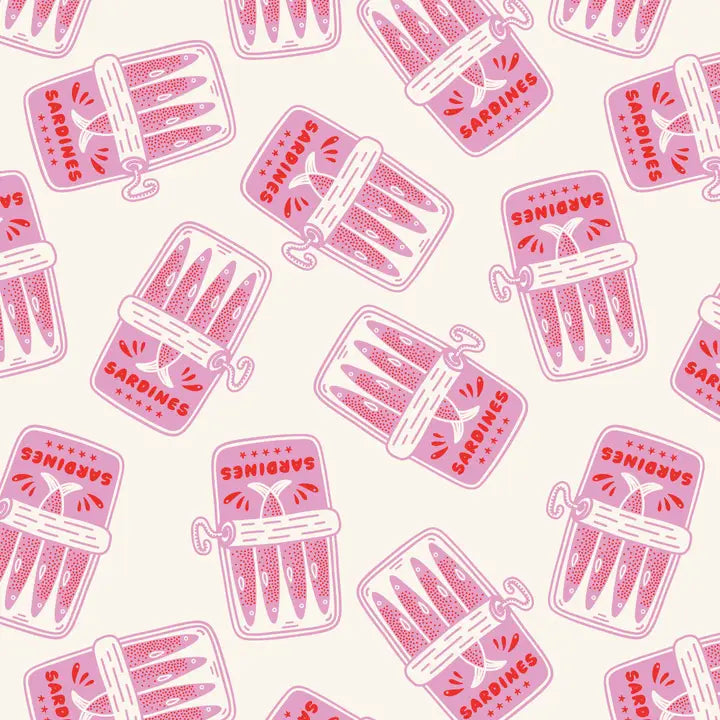 Pattern of pink sardine cans with 'Sardines' text on a white background