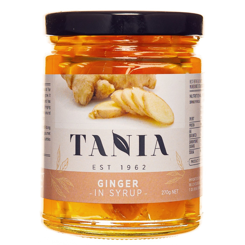 Jar of Tania ginger in syrup on a white background
