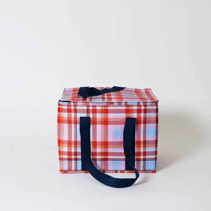 Plaid cooler bag with navy handles on a white background