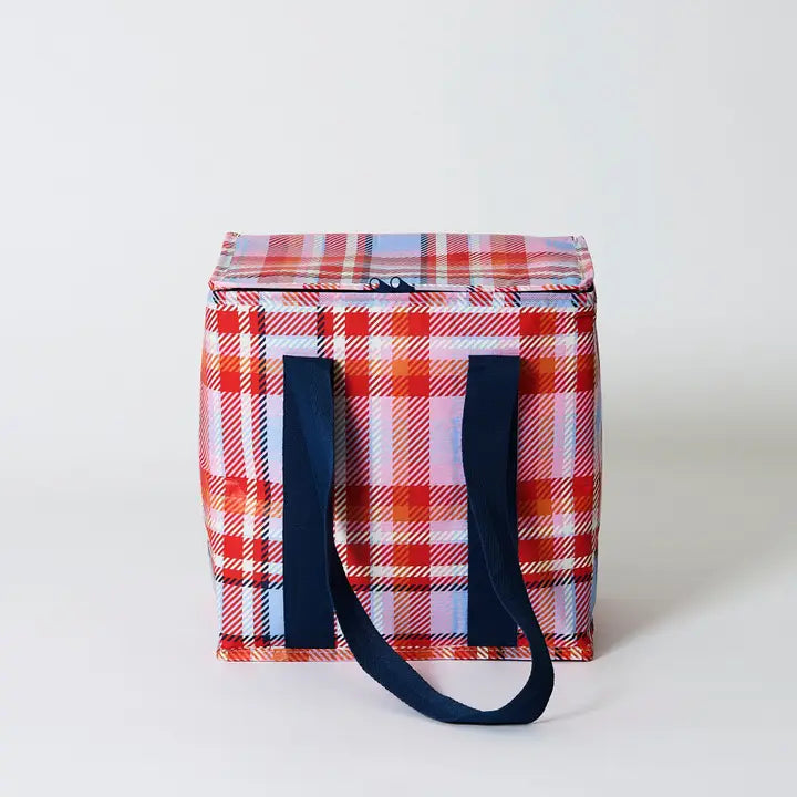 Plaid cooler bag with navy handles on a white background