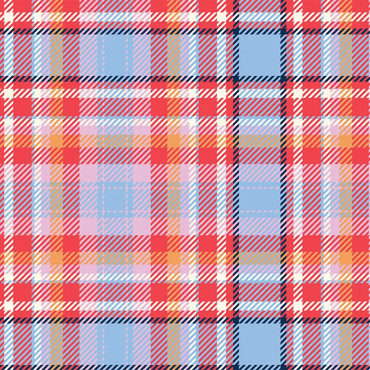 Colorful plaid pattern with red, blue, yellow, and pink colors.
