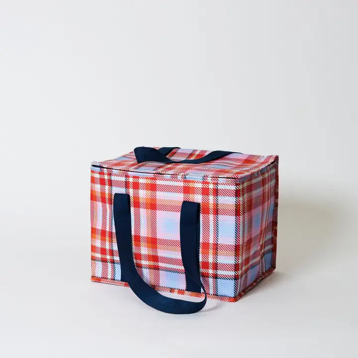 Plaid cooler bag with navy handles on a white background