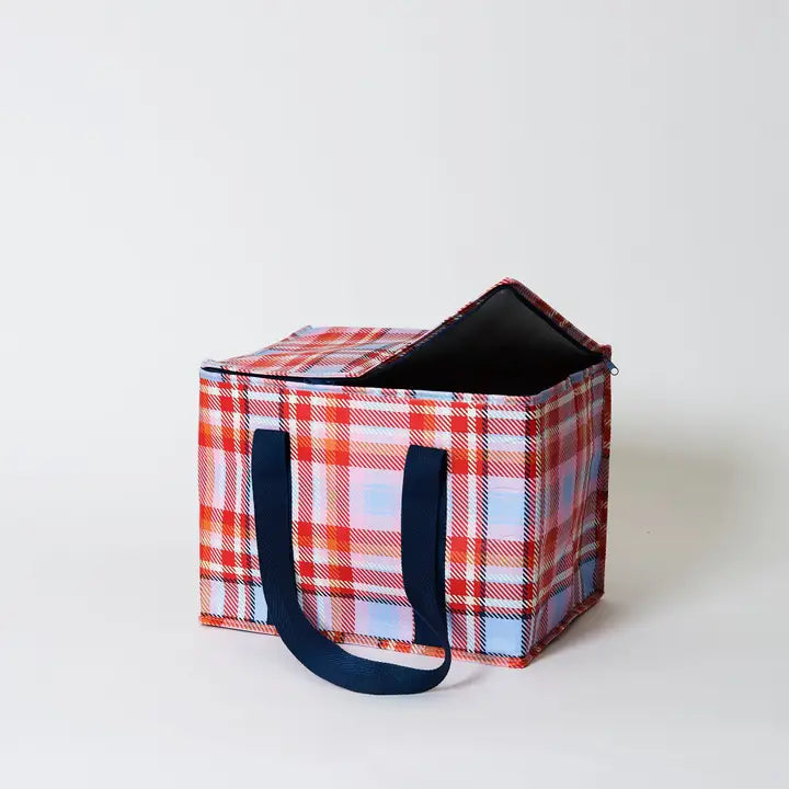 Plaid cooler bag with navy handles on a white background