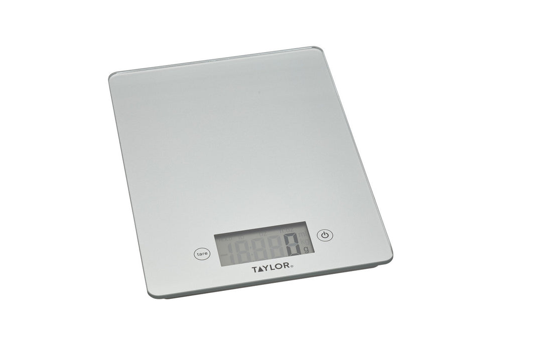 Digital kitchen scale with a digital display on a white background