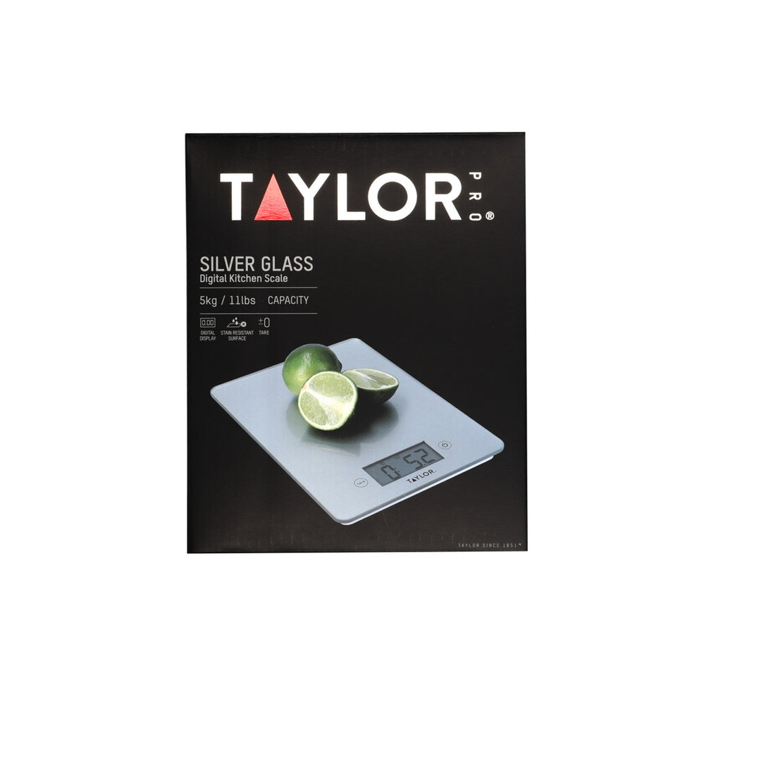 Taylor digital kitchen scale with silver glass surface on a black background