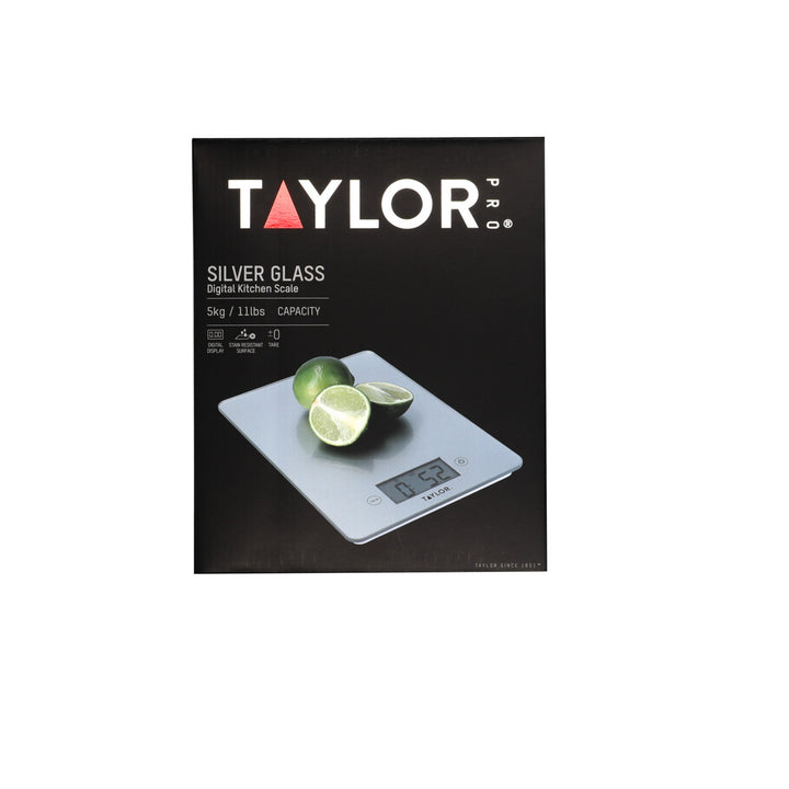 Taylor digital kitchen scale with silver glass surface on a black background