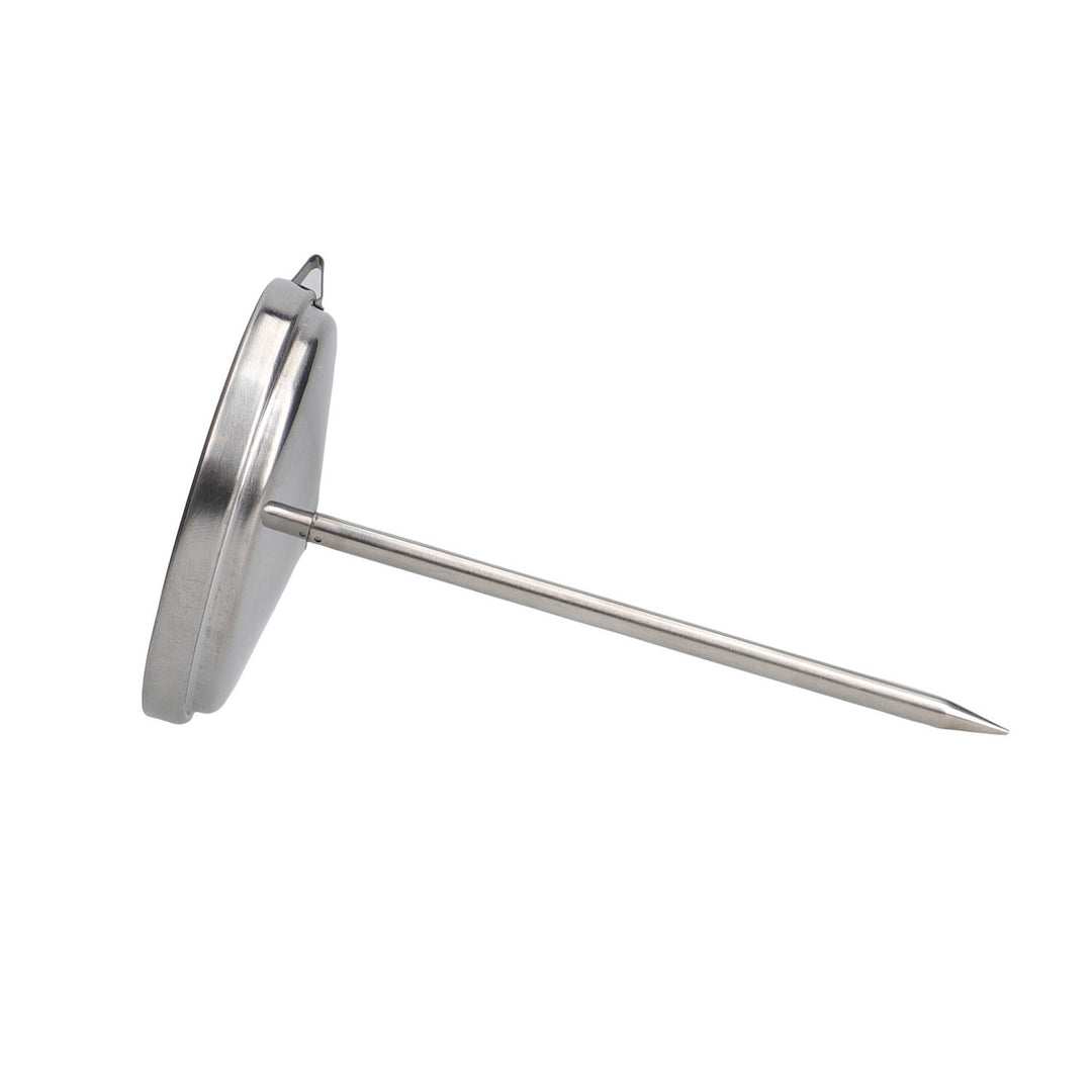 Stainless steel meat thermometer on a white background