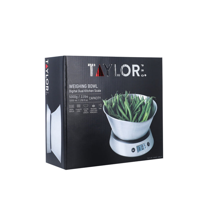 Taylor digital kitchen scale packaging with green beans on a white background
