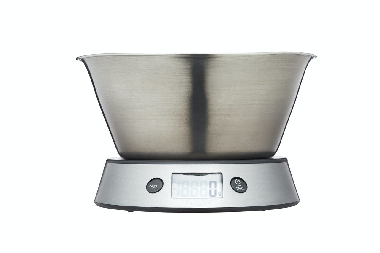 Digital kitchen scale with a stainless steel bowl on a white background