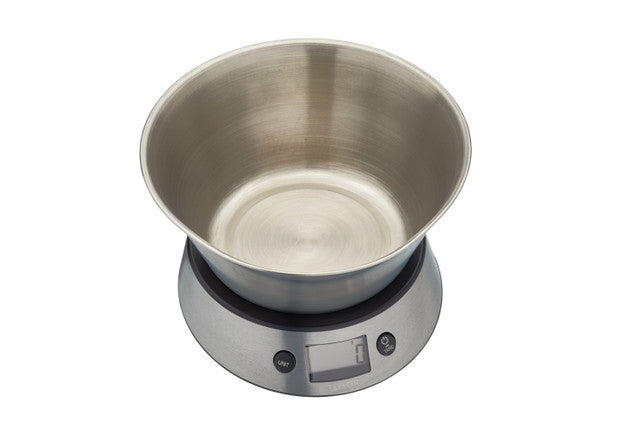 Stainless steel digital kitchen scale on a white background