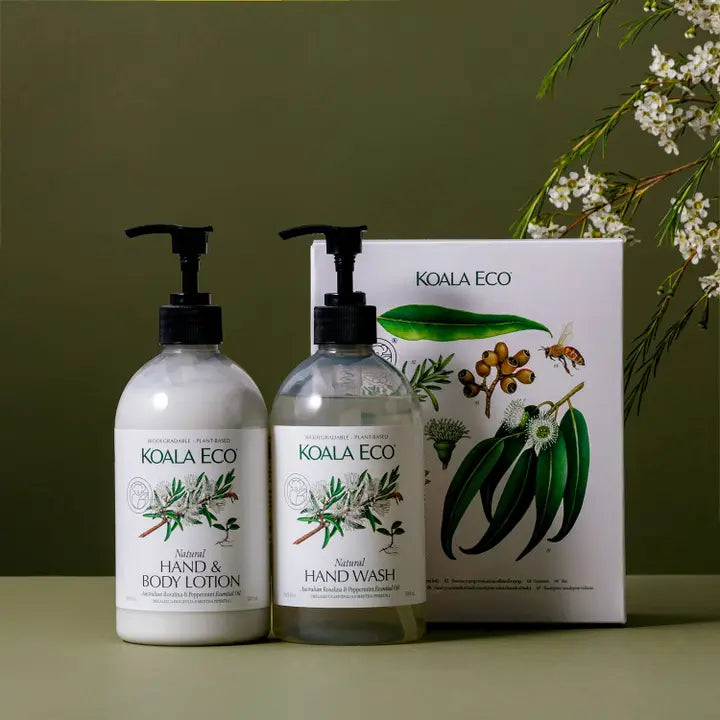 Two bottles of Koala Eco hand products with a box on a green background