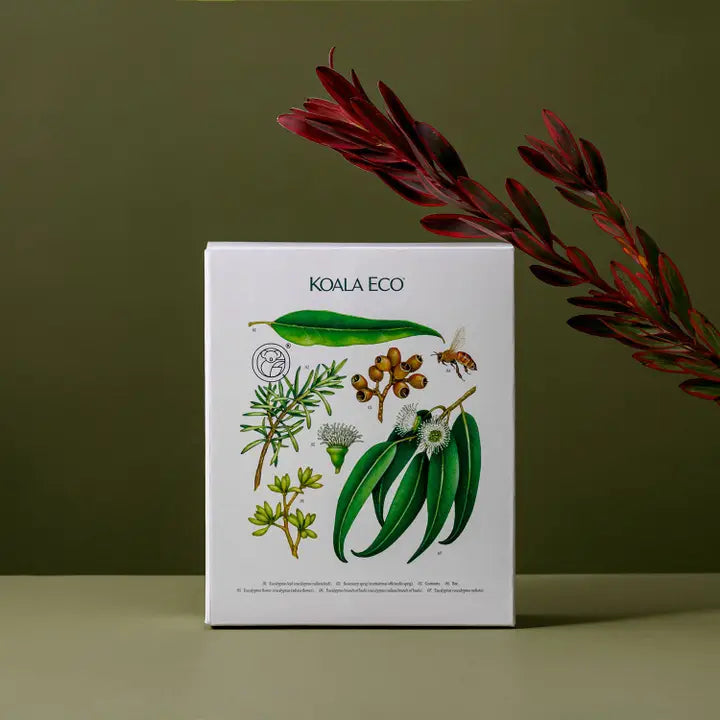 Koala Eco product packaging with botanical illustrations on a green background
