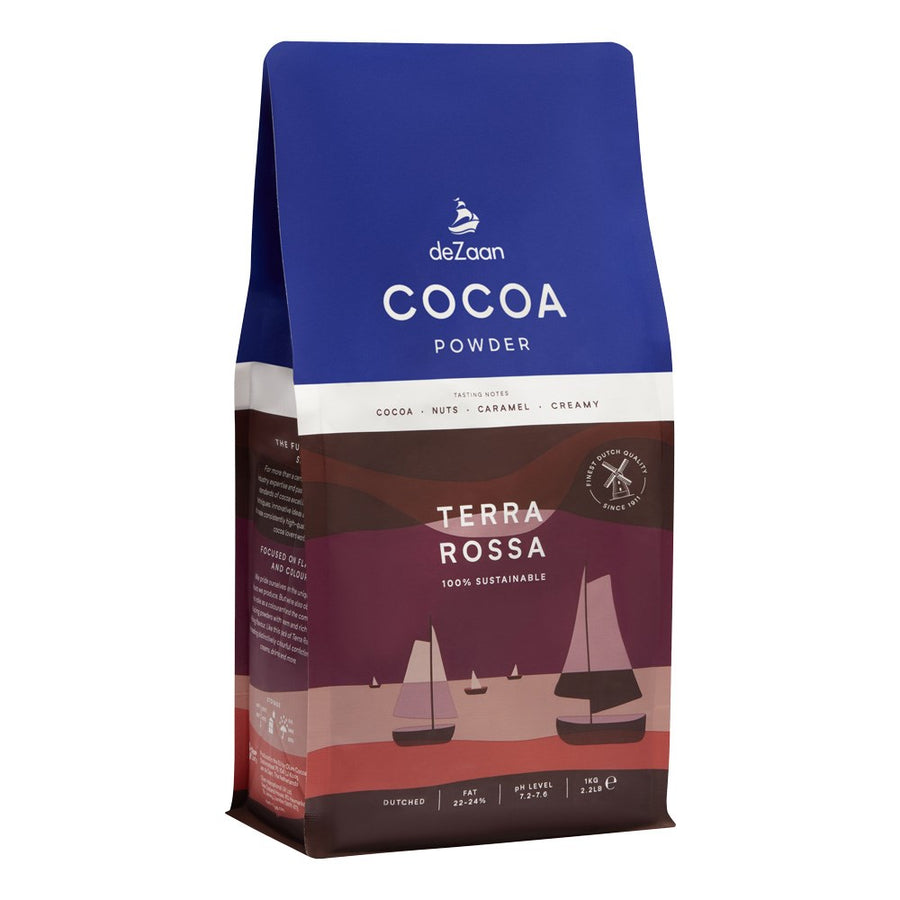 DeZaan Cocoa Powder package with 'Terra Rossa' label on a white background
