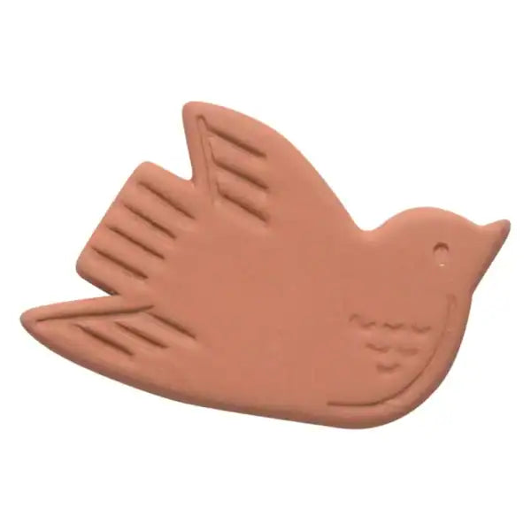 Terracotta-colored bird-shaped sugar saver on a white background