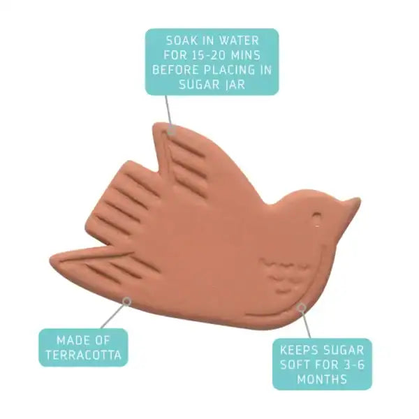 Terracotta bird-shaped product with usage instructions on a white background