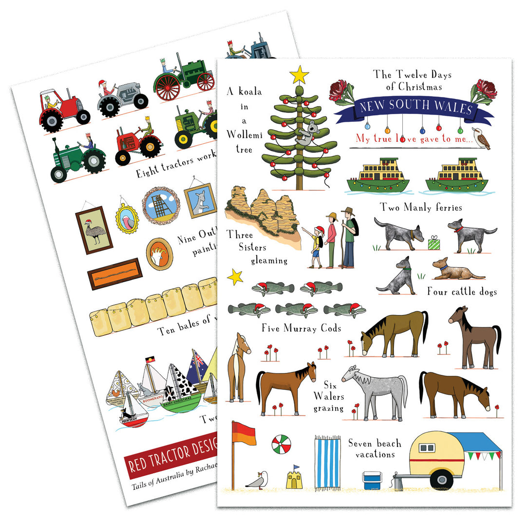 illustrated Christmas cards with various images and text on a white background.