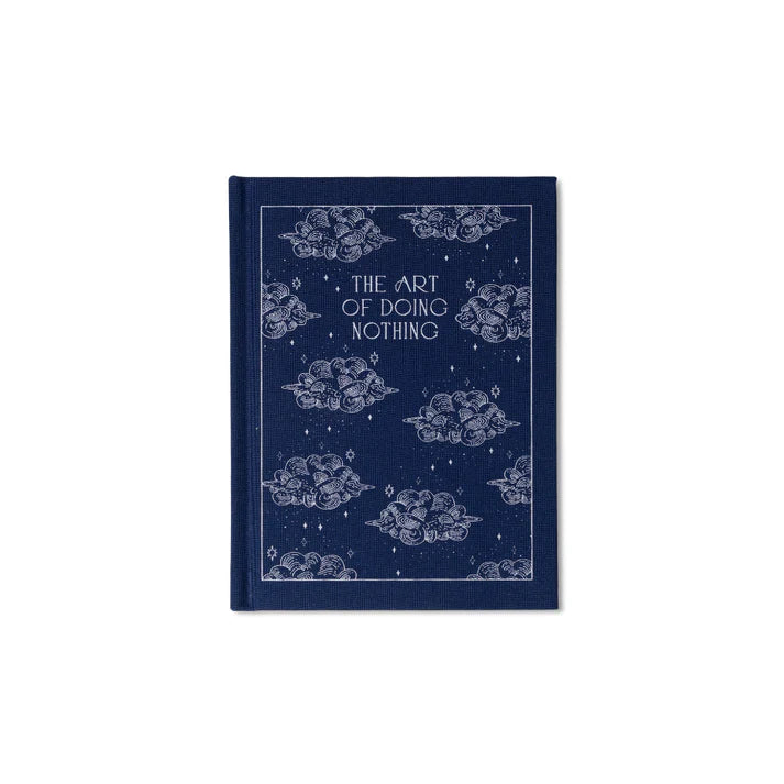 Navy blue book with white text and cloud designs on a white background