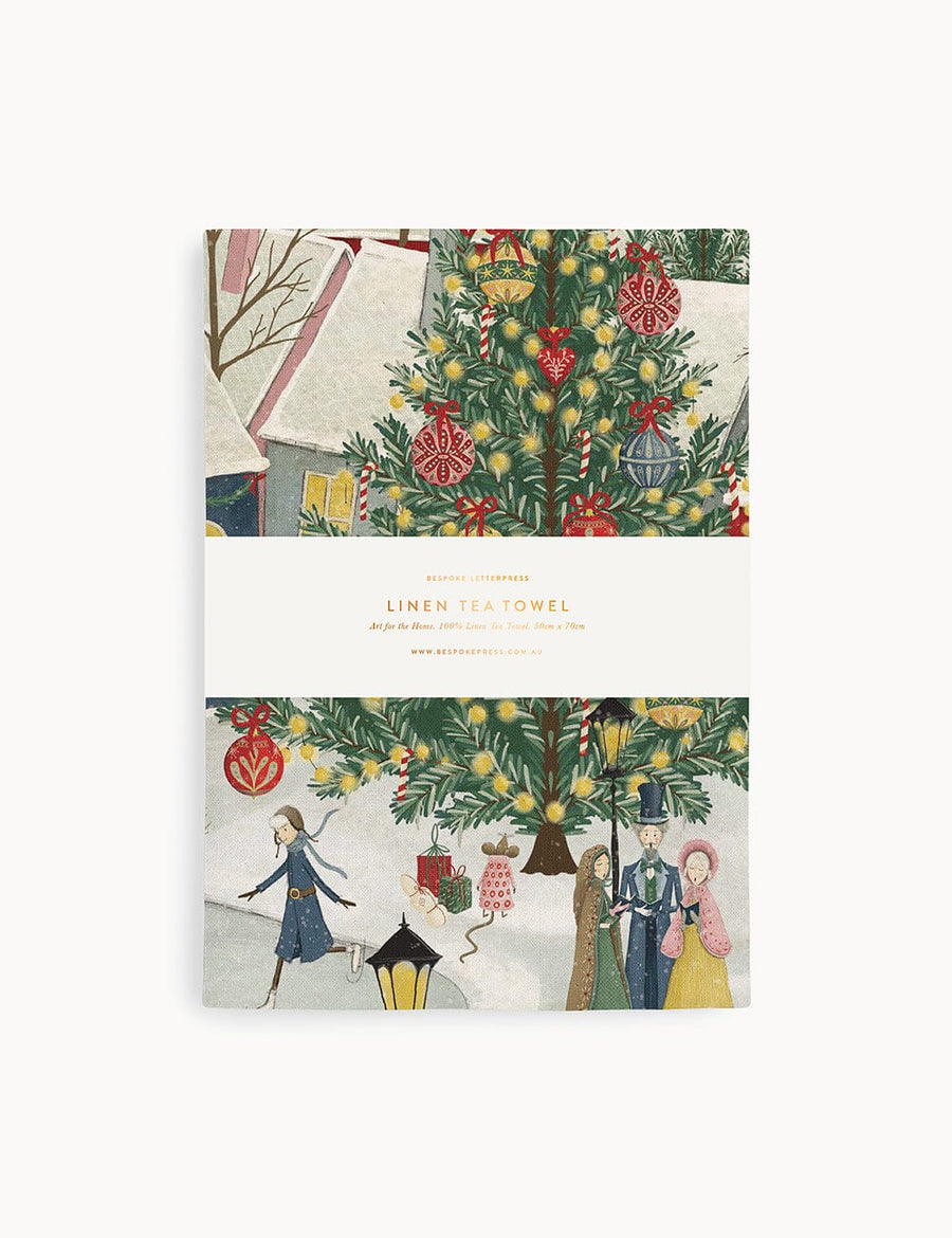 Christmas linen tea towel on white background