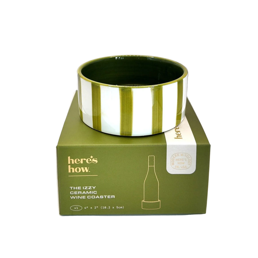 Green and silver striped container on a matching box with 'here's how' branding.