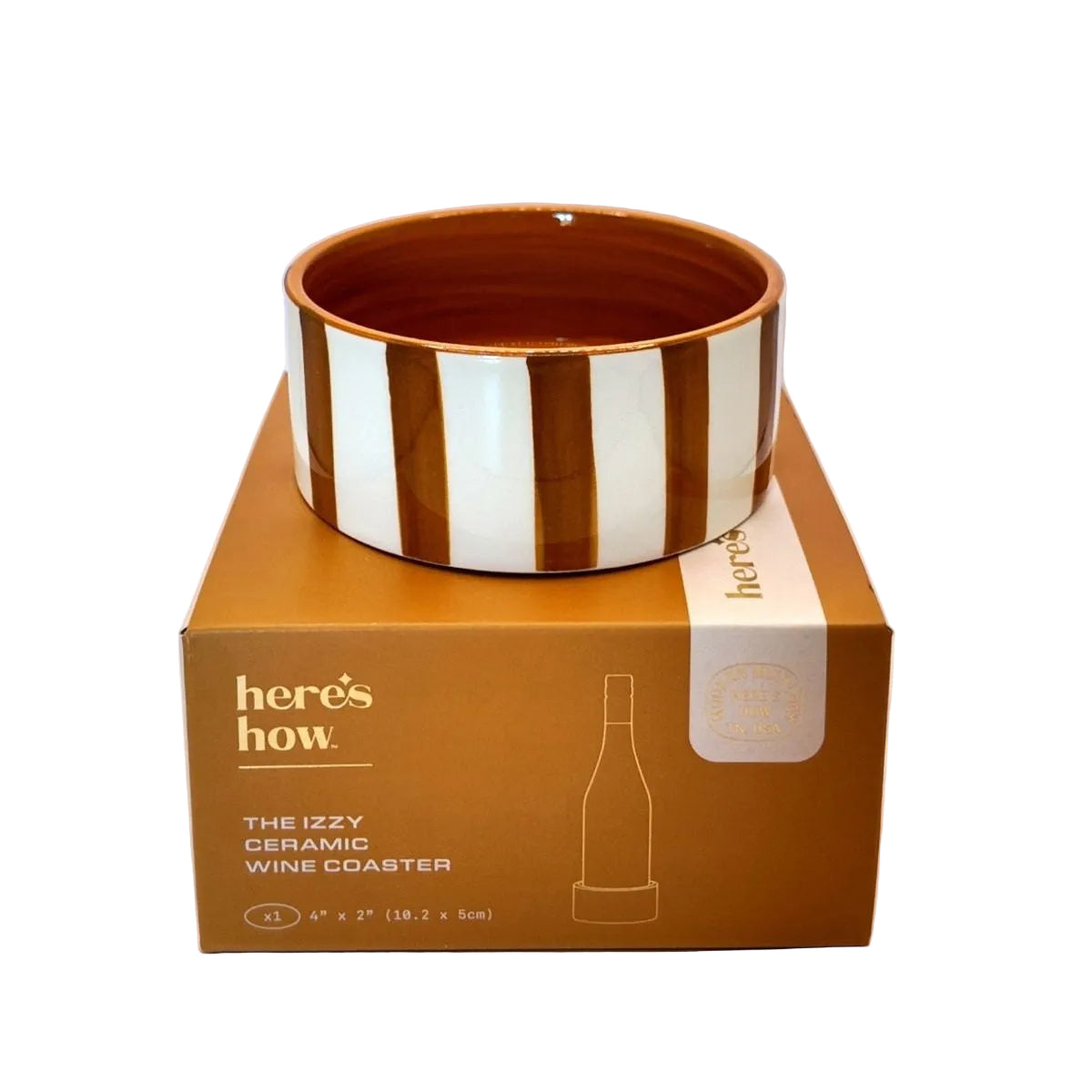 Ceramic wine coaster with striped design on a 'here's how' branded box against a white background