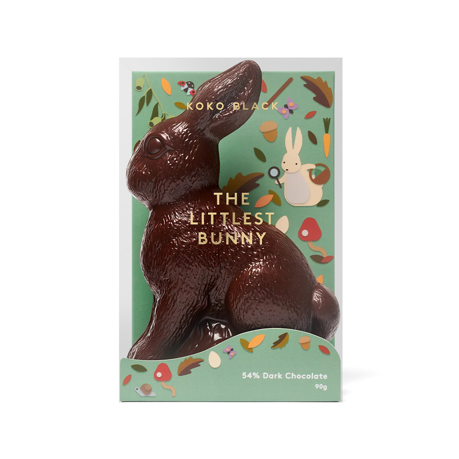 Dark Chocolate bunny in packaging with 'Koko Black' branding on a white background