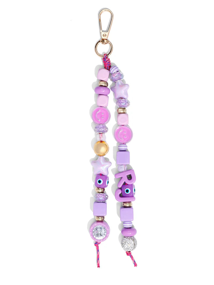 Colorful beaded keychain with a gold clasp on a white background
