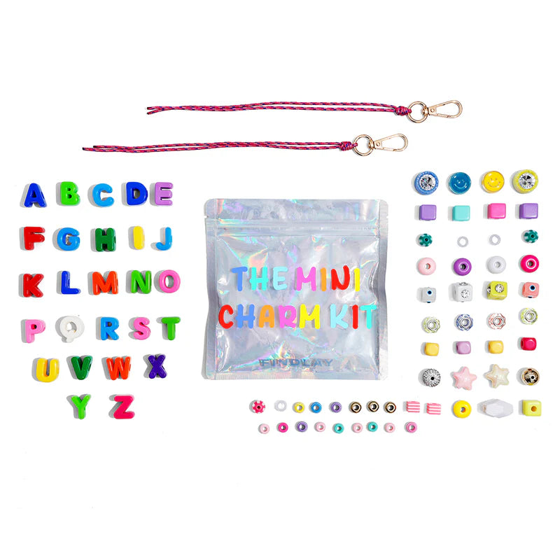 Mini charm kit with colorful beads and letters on a white background