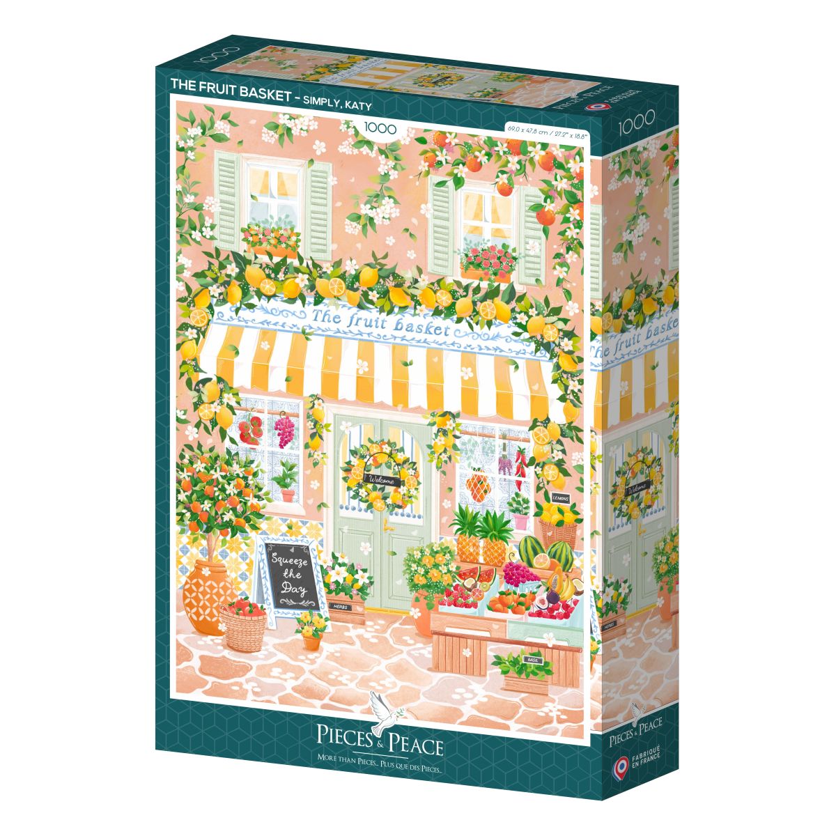 Jigsaw puzzle box featuring a colorful fruit stand illustration with 'Simply Katy' branding.